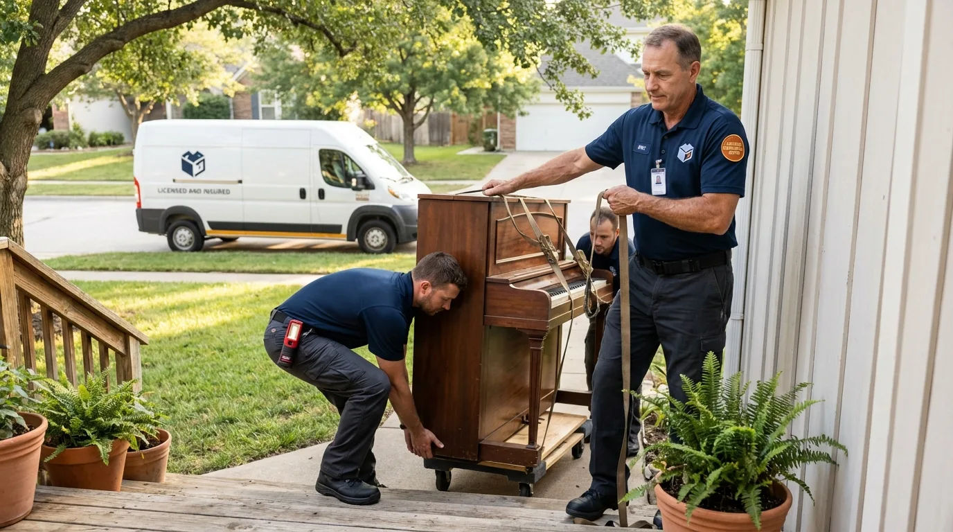 Licensed piano movers securing grand piano in Saint Albans, ME