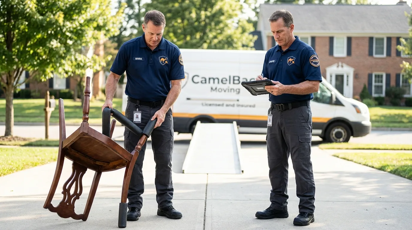 Movers inspecting furniture for damage prevention before loading in Saint Albans, ME