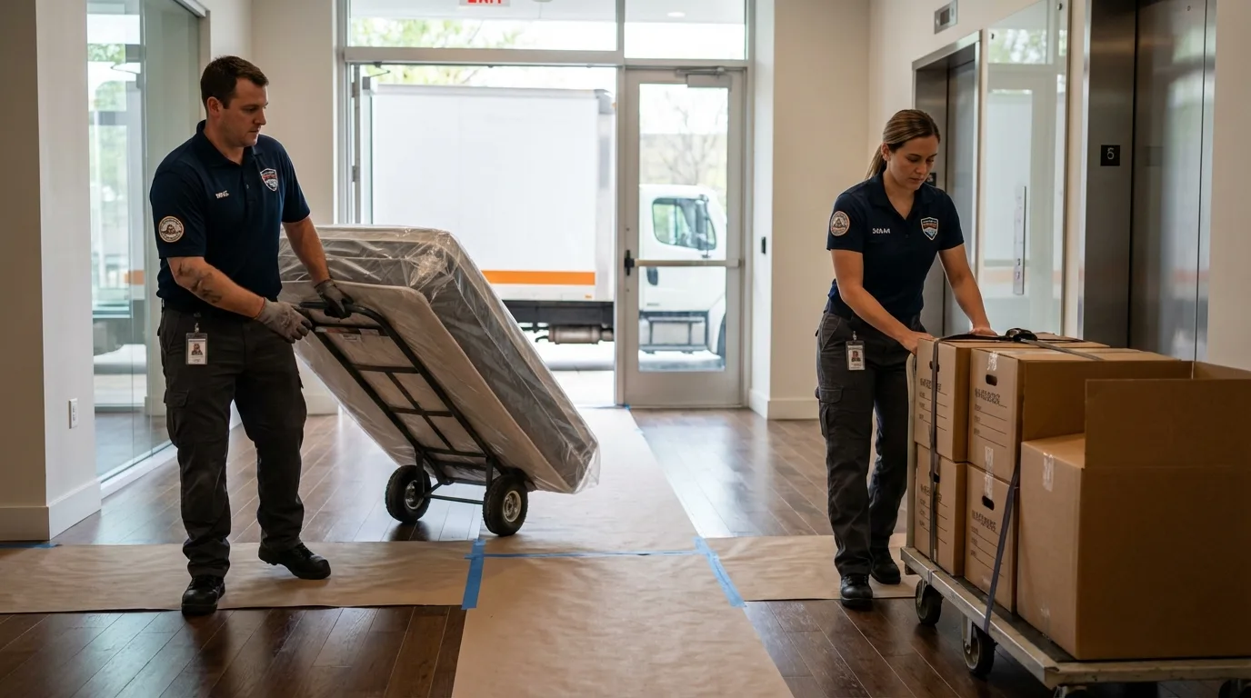 Professional apartment movers loading elevator in Saint Albans, ME
